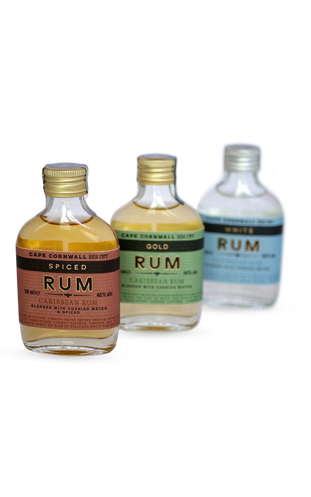 Mix and Match our Cape Cornwall Rum 50ml miniatures. Cornish Gold, Spiced & White Rum buy online for worldwide shipping. 